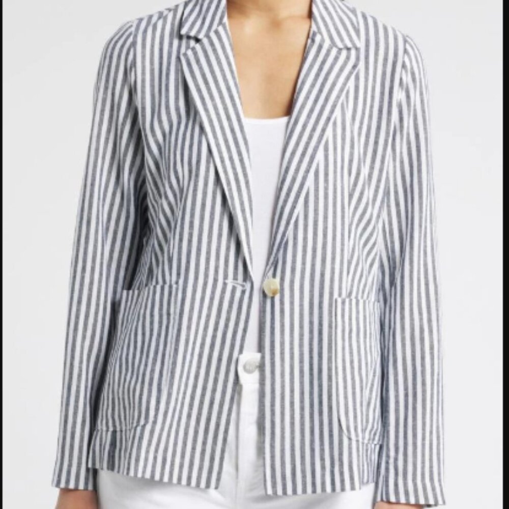 NWT Nordstrom Caslon Brianne Stripe Linen Blazer Jacket Navy White Size Large